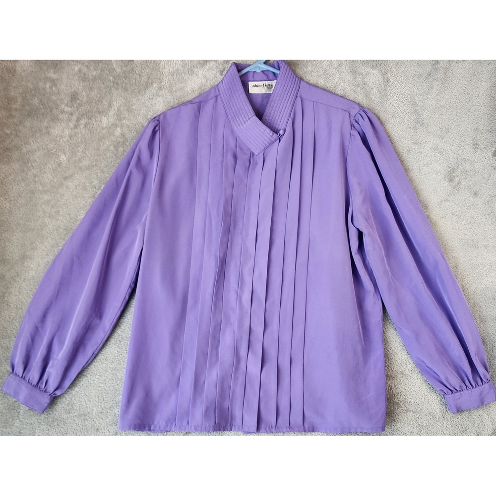 Objectives Blouse Womens 38 Purple Pleated Front Mock Neck Vintage Long Sleeve